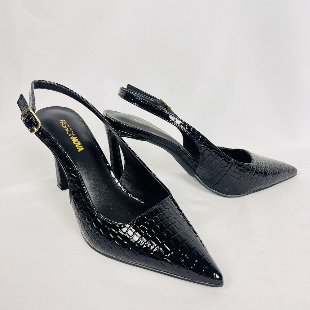 Fashion Nova Black Croc Embossed Slingback Pumps Pointed Toe Heels Women’s 8.5